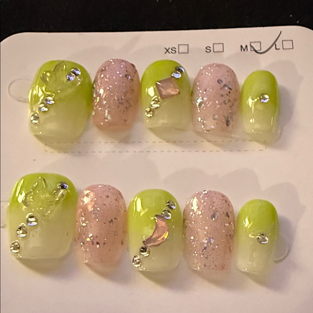 Green and Pink Glitter Press-On Nails
